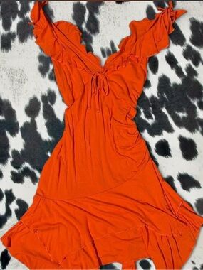 wild fable Orange One-Shoulder Ruffle Tie-Front Dress